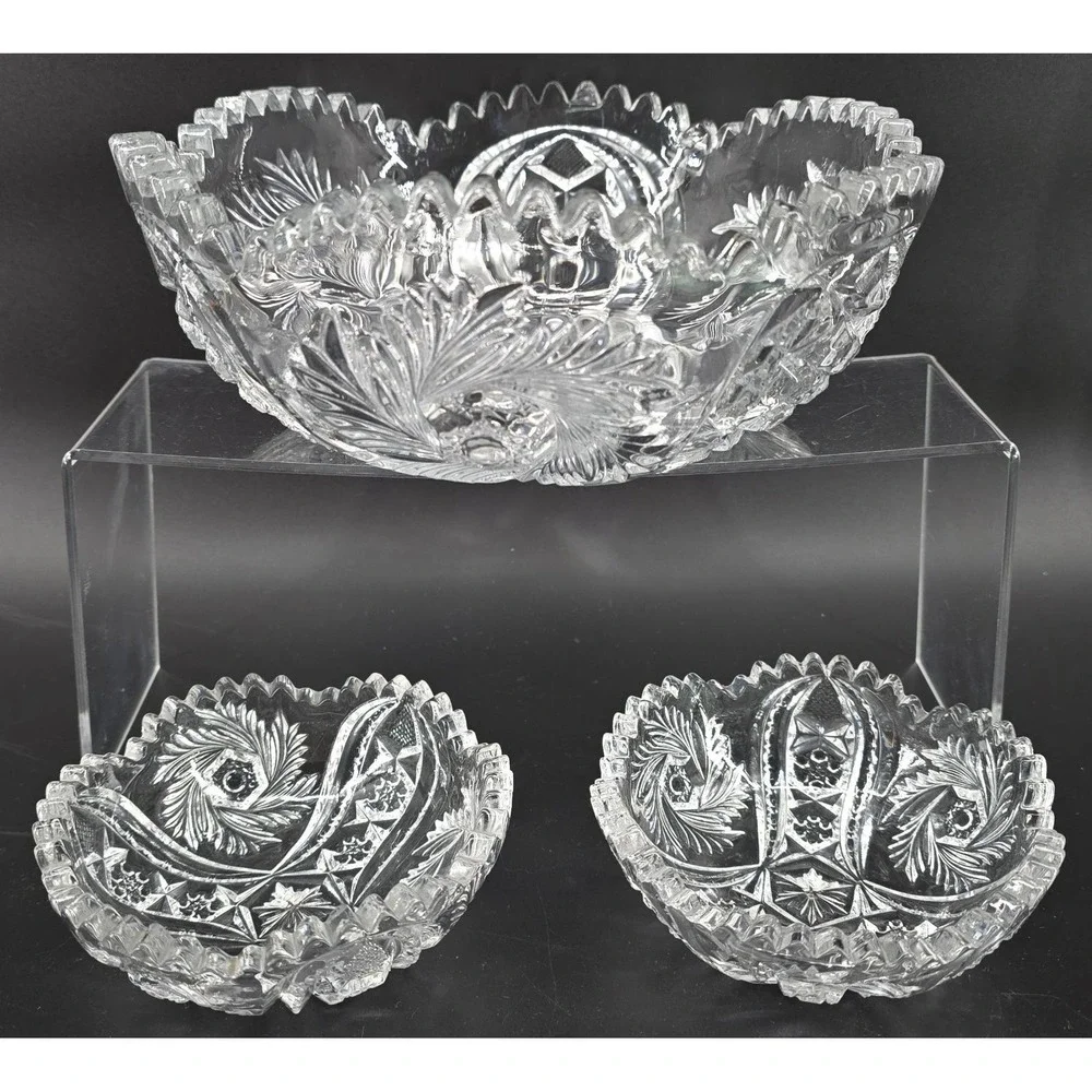 Set of 3 Antique McKee Glass Pres Cut‎ Crystal Bowls WILTEC Pattern 1913 8.5